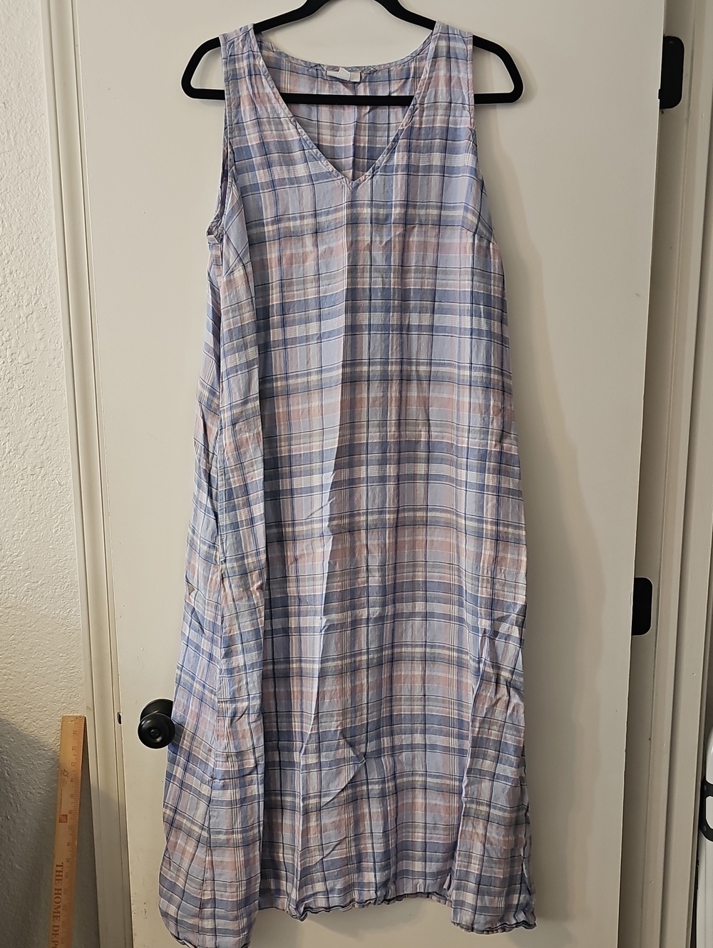 J. Jill Love Linen Plaid V-neck Sleeveles Maxi Dress Blue Pink White Size Large